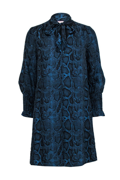 Current Boutique-Rebecca Taylor - Blue & Black Snakeskin Print Silk Shift Dress w/ Neck Tie Sz 0