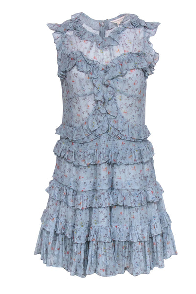 Current Boutique-Rebecca Taylor - Blue Floral Print Silk Ruffle Shoulder Dress Sz 6