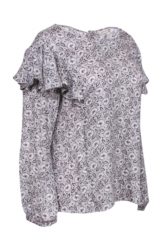 Current Boutique-Rebecca Taylor - Grey, White & Black Floral Print Ruffled Blouse Sz 10