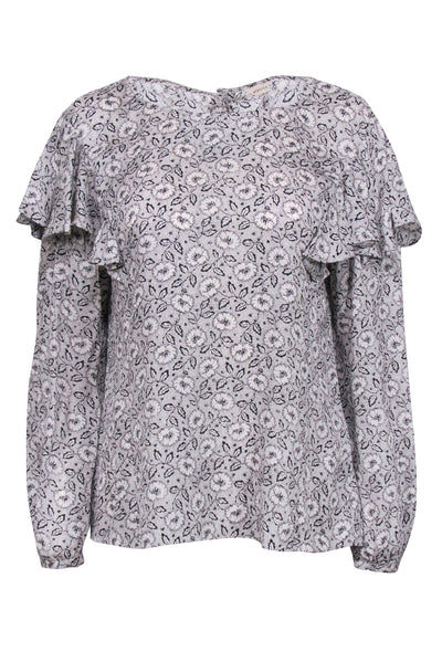 Current Boutique-Rebecca Taylor - Grey, White & Black Floral Print Ruffled Blouse Sz 10