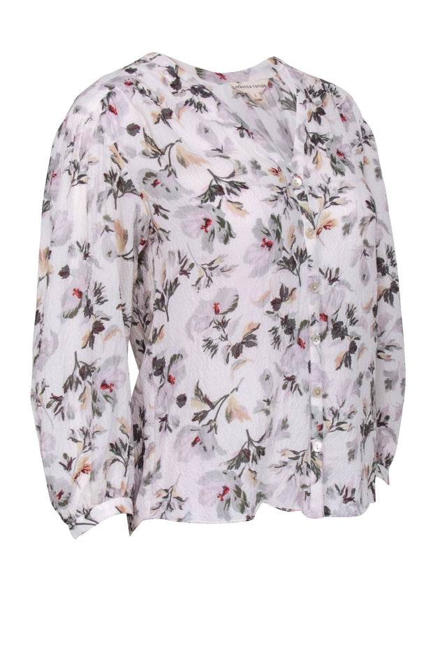 Current Boutique-Rebecca Taylor - Ivory Hammered Silk Blend Floral Print Button Up Shirt Sz 2