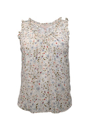 Current Boutique-Rebecca Taylor - Ivory w/ Blue Floral Print Ruffled Trim Tank Top Sz XS