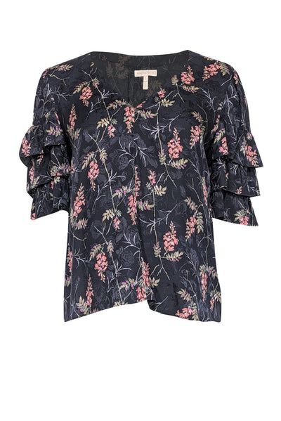 Current Boutique-Rebecca Taylor - Navy & Multi Color Floral Print Blouse Sz 8