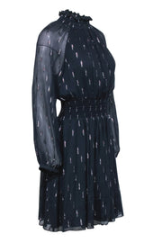 Current Boutique-Rebecca Taylor - Navy & Silver Print Long Sleeve Dress w/ Smocked Neck and Waist Sz 8