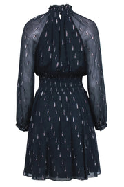 Current Boutique-Rebecca Taylor - Navy & Silver Print Long Sleeve Dress w/ Smocked Neck and Waist Sz 8