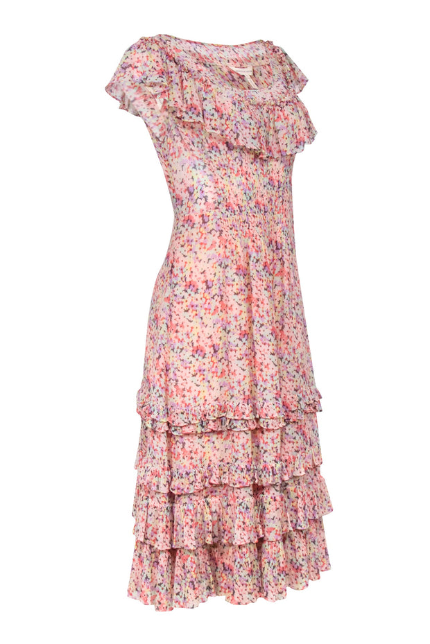 Current Boutique-Rebecca Taylor - Pink w/ Multicolor Floral Print Midi Dress Sz 6