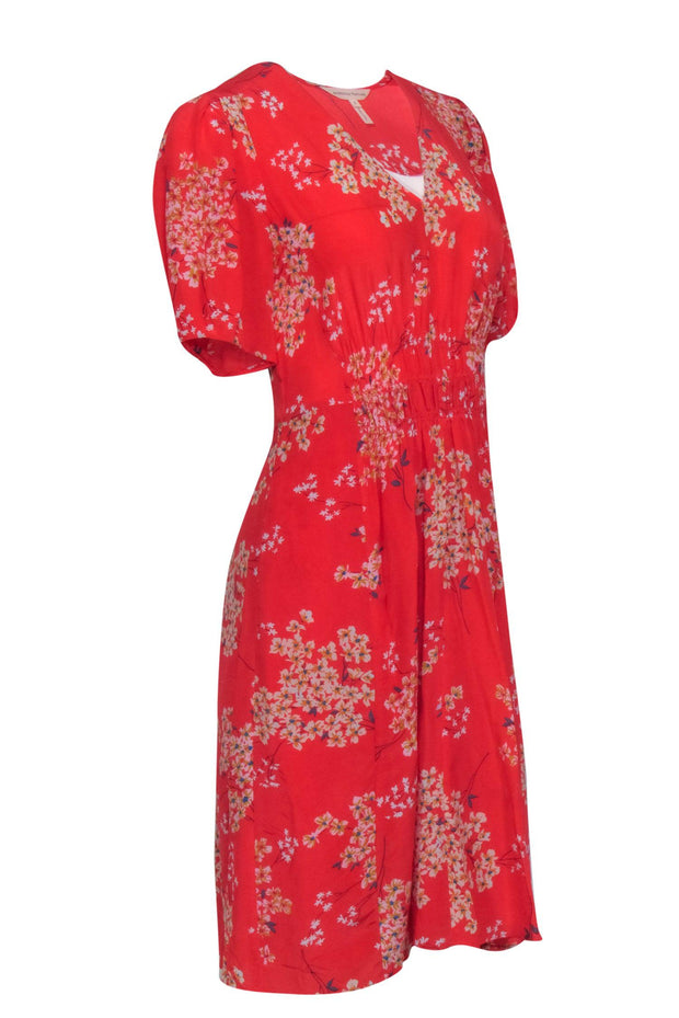 Current Boutique-Rebecca Taylor - Red w/ Cream & Orange Floral Print Smocked Waist Dress Sz 2