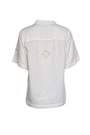 Current Boutique-Rebecca Taylor - White Short Sleeve Linen Button Down w/ Embroidery Detail Top Sz M