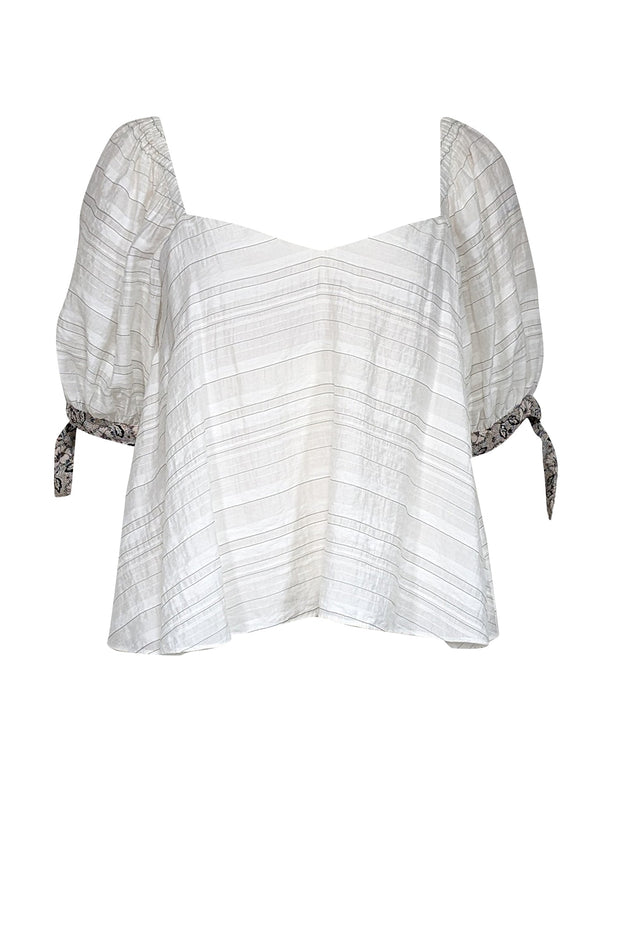 Current Boutique-Rebecca Taylor - White Striped Short Puff Sleeve w/ Floral Tie Armband Top Sz 6