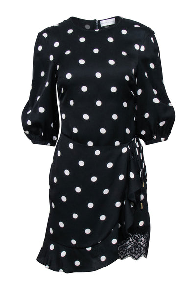 Current Boutique-Rebecca Vallance - Black & White Polka Dot Print Mini Dress w/ Lace Trim Sz 2