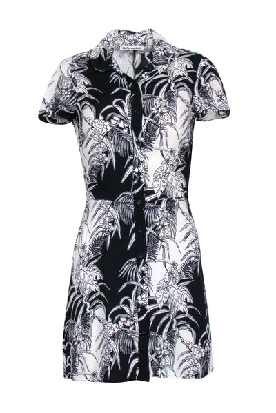 Current Boutique-Reformation - Black & Ivory Print Short Sleeve Button Front Shirt Dress Sz 2