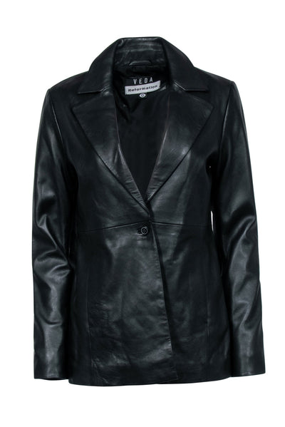 Current Boutique-Reformation - Black Leather Jacket w/ Notch Lapel Collar Sz S