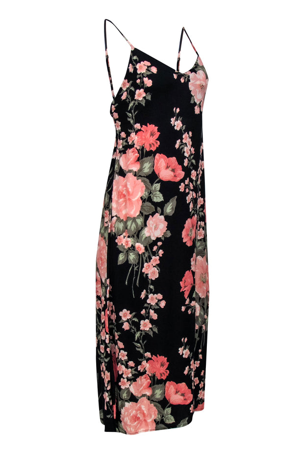 Current Boutique-Reformation - Black w/ Pink Floral Print Tie-Back Midi Dress Sz 6
