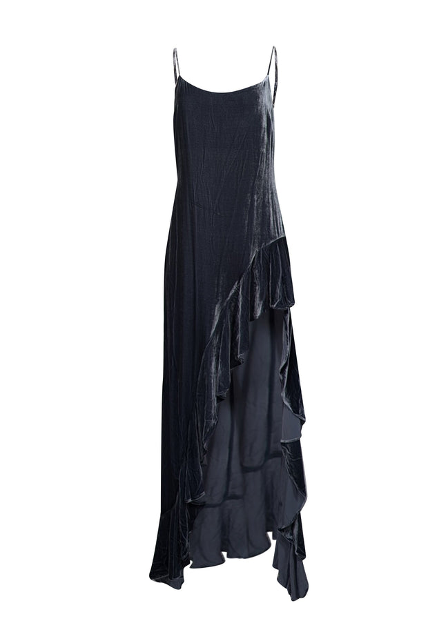 Current Boutique-Reformation - Dark Grey Velvet Dress w/ Ruffled Asymmetrical Hem Sz M