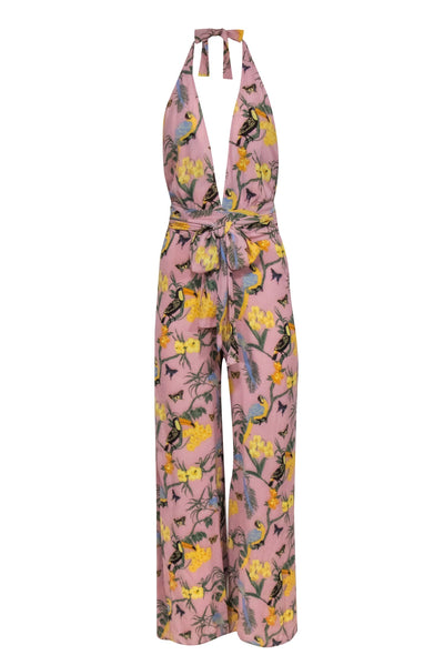 Current Boutique-Reformation - Dusty Pink Halter Jumpsuit w/ Tropical Print Sz 4