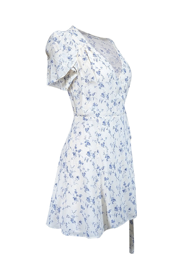 Current Boutique-Reformation - Ivory & Blue Floral Print Wrap Dress Sz S