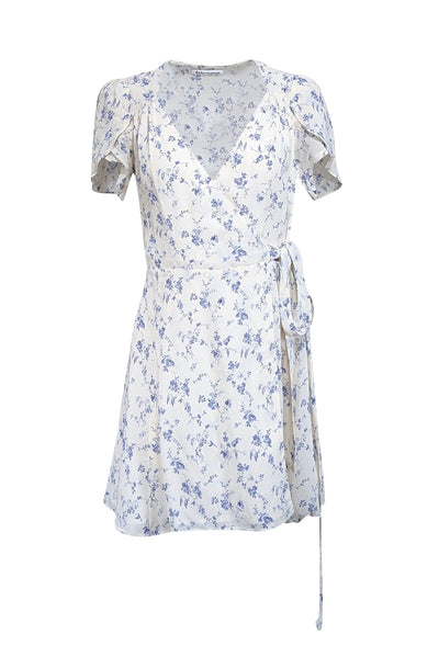 Current Boutique-Reformation - Ivory & Blue Floral Print Wrap Dress Sz S