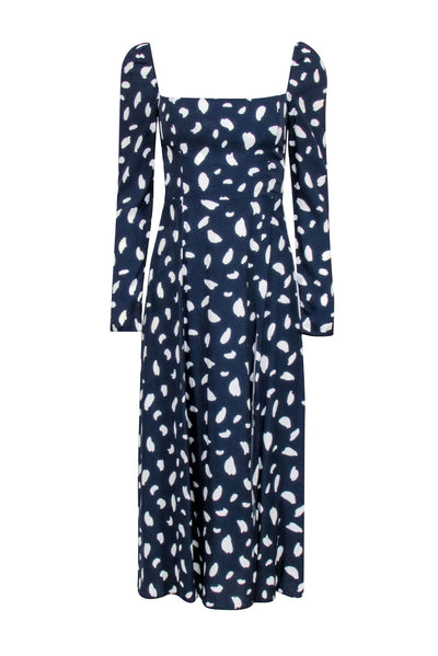 Current Boutique-Reformation - Navy & Ivory Spotted Print High Slit Dress Sz 2