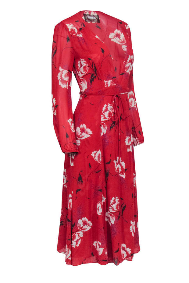Current Boutique-Reformation - Red w/ White Floral Print Midi Wrap Dress Sz S