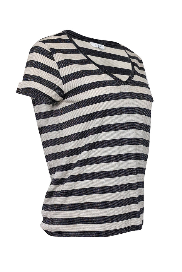 Current Boutique-Reiss - Beige & Black Striped Shirt w/ Metallic Threading Sz XS