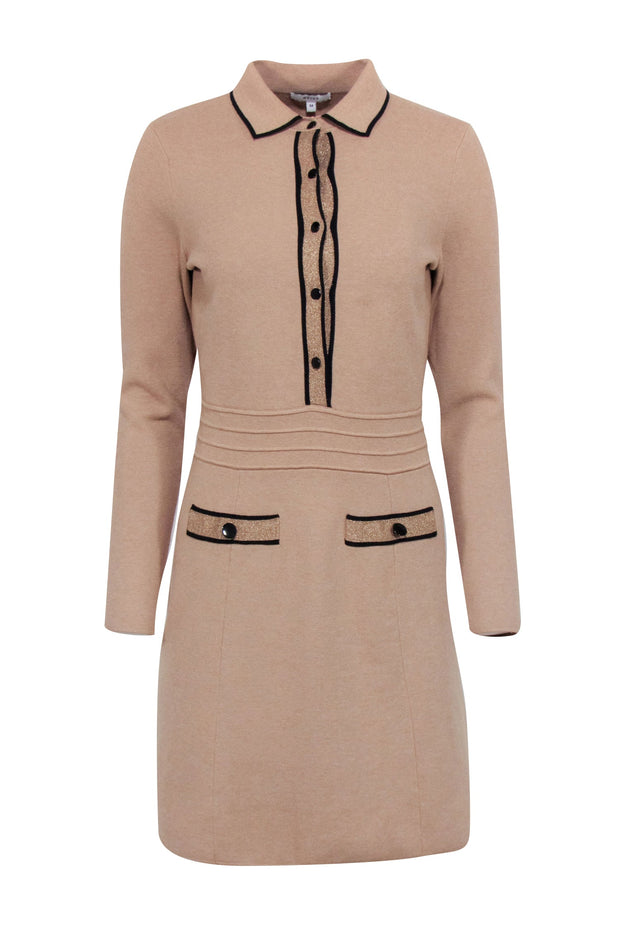 Current Boutique-Reiss - Beige Thick Knit Button Up Sweater Dress w/ Gold Metallic Accents Sz M