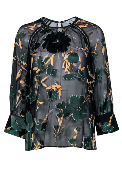 Current Boutique-Reiss - Black Semi-Sheer Blouse w/ Green & Tan Floral Print Sz 4