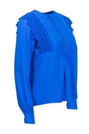 Current Boutique-Reiss - Bright Blue Pleated Middle Eyelet Trim Long Sleeve Top Sz 2