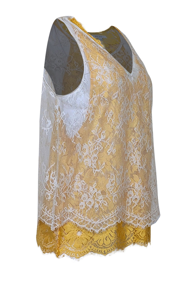 Current Boutique-Reiss - Yellow & Cream Layered Lace Sleeveless Top Sz 10