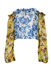 Current Boutique-Rococo sand - Yellow, Blue, & White Floral Print Silk Off-the-Shoulder Top Sz S