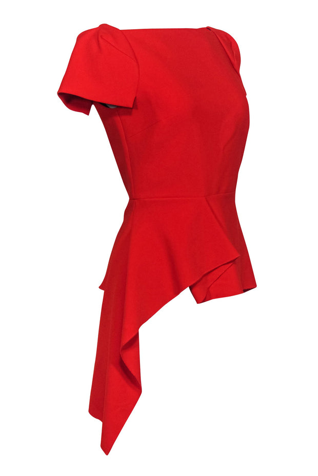 Current Boutique-Roland Mouret - Red Short Sleeve Peplum Blouse w/ Square Neckline Sz 6