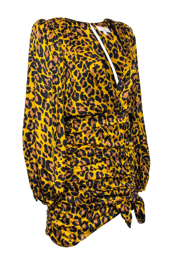 Current Boutique-Ronny Kobo - Tan Leopard Print Deep V-Neckline Ruched Dress Sz M