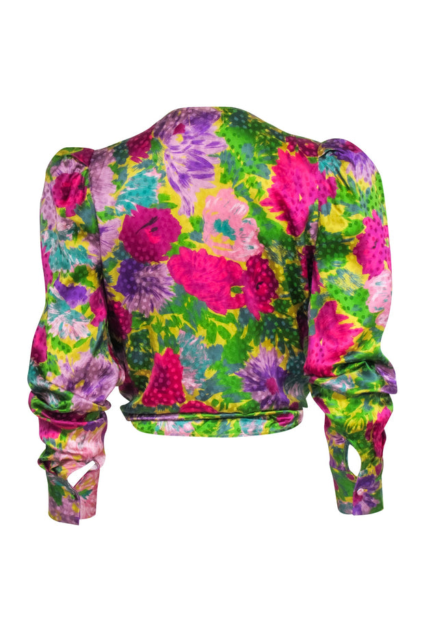 Current Boutique-Ronny Kobo - Yellow w/ Purple Floral Print Tie Front "Bianca" Blouse Sz M
