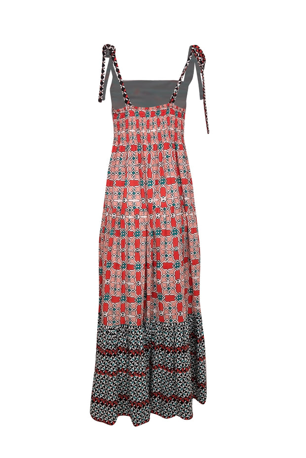 Current Boutique-Ro's Garden - Red, Peach, White, Black, & Green Print Sleeveless Maxi Dress Sz M