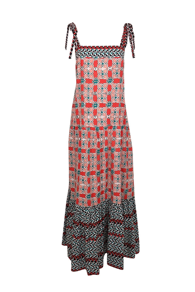 Current Boutique-Ro's Garden - Red, Peach, White, Black, & Green Print Sleeveless Maxi Dress Sz M