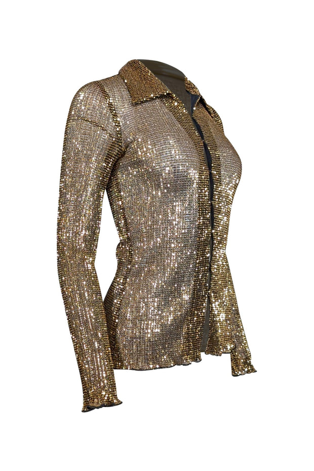 Current Boutique-Rosetta Getty - Black Pleated Mesh Shirt w/ Gold Sequins Sz S