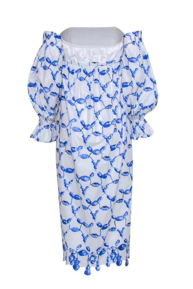 Current Boutique-Rosie Assoulin- White & Blue Scalloped Off-the-Shoulder Dress Sz 0