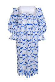 Current Boutique-Rosie Assoulin- White & Blue Scalloped Off-the-Shoulder Dress Sz 0
