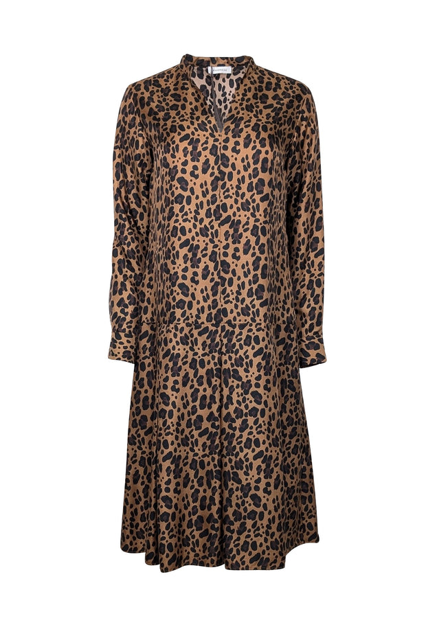 Current Boutique-Rosso35 - Dark Tan & Black Cheetah Print Silk Long Sleeve Dress Sz 6