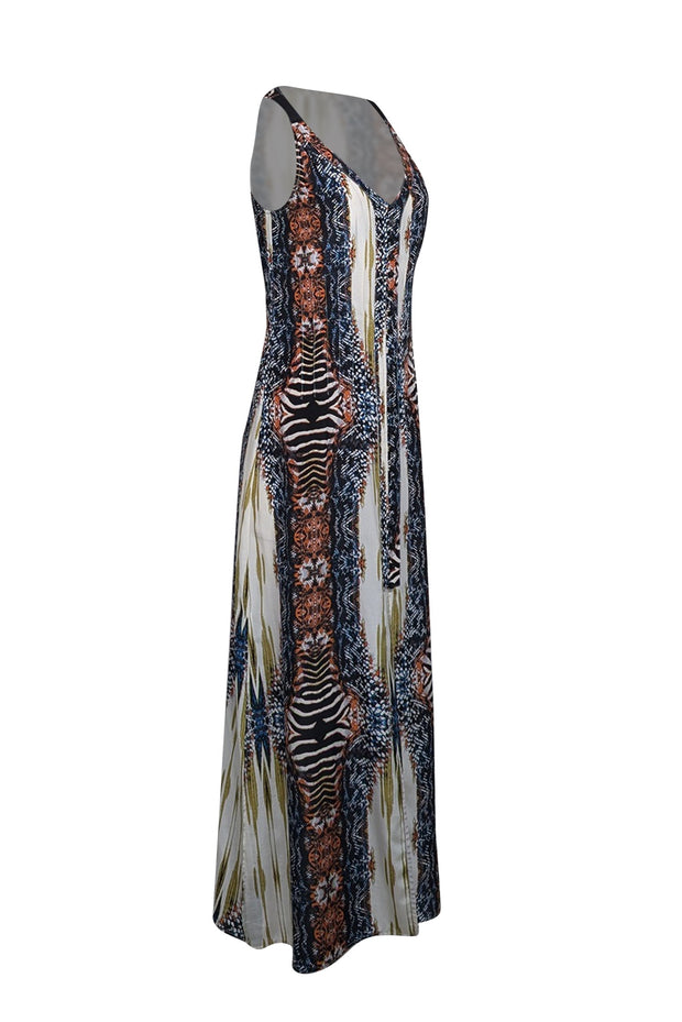 Current Boutique-SW3 - Cream, Black, & Orange Multi Color Print Maxi Dress Sz S