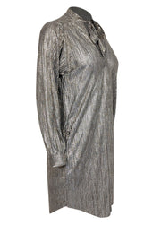 Current Boutique-Sabina Musayev - Grey & Gold Metallic Long Sleeve Neck Tie Dress Sz XSP