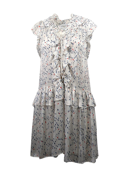 Current Boutique-Sabina Musayev - White w/ Blue Dot Print Ruffled Chiffon Dress Sz XS