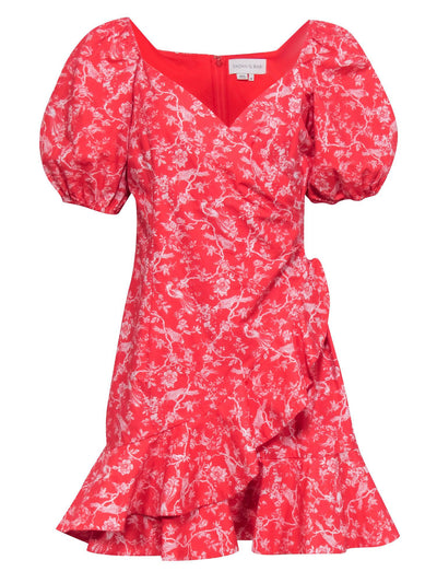 Current Boutique-Sachin & Babi - Red & White Floral & Bird Print Ruffle Trim Dress Sz 8
