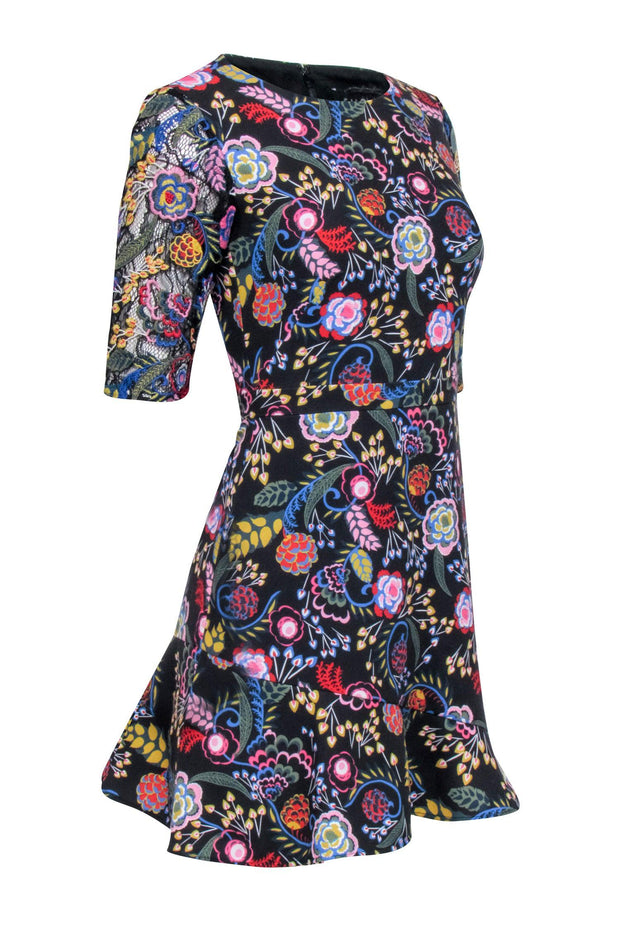 Current Boutique-Saloni - Black w/ Multi Color Floral Short Sleeve Mini Dress Sz 4