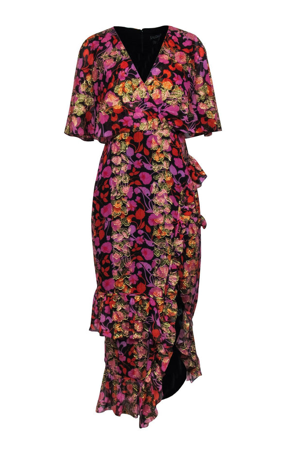 Current Boutique-Saloni - Black w/ Pink, Orange & Gold Floral Print Maxi Dress Sz 8
