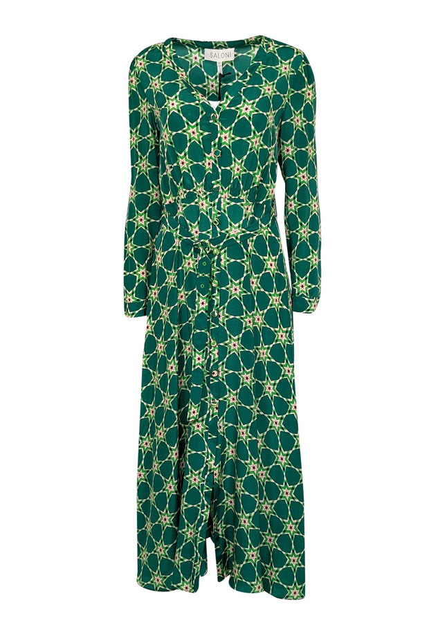 Current Boutique-Saloni - Green Star Print Button Front Silk Dress Sz 8