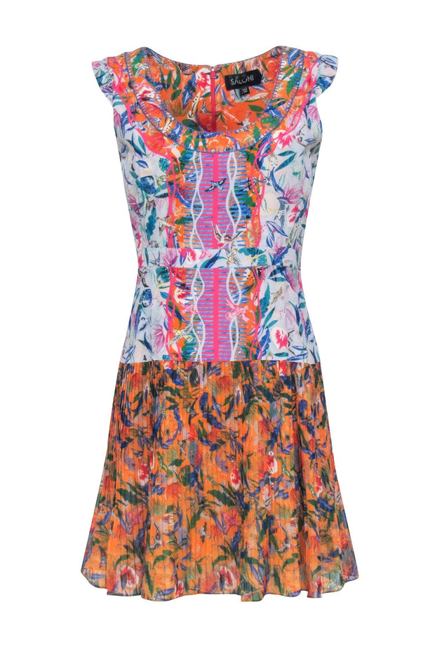 Current Boutique-Saloni - Orange w/ Multicolor Bird Print Pleated Dress Sz 6