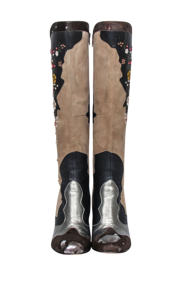Current Boutique-Sam Edelman - Brown & Beige Floral Embroidered Leather Tall Boots Sz 6