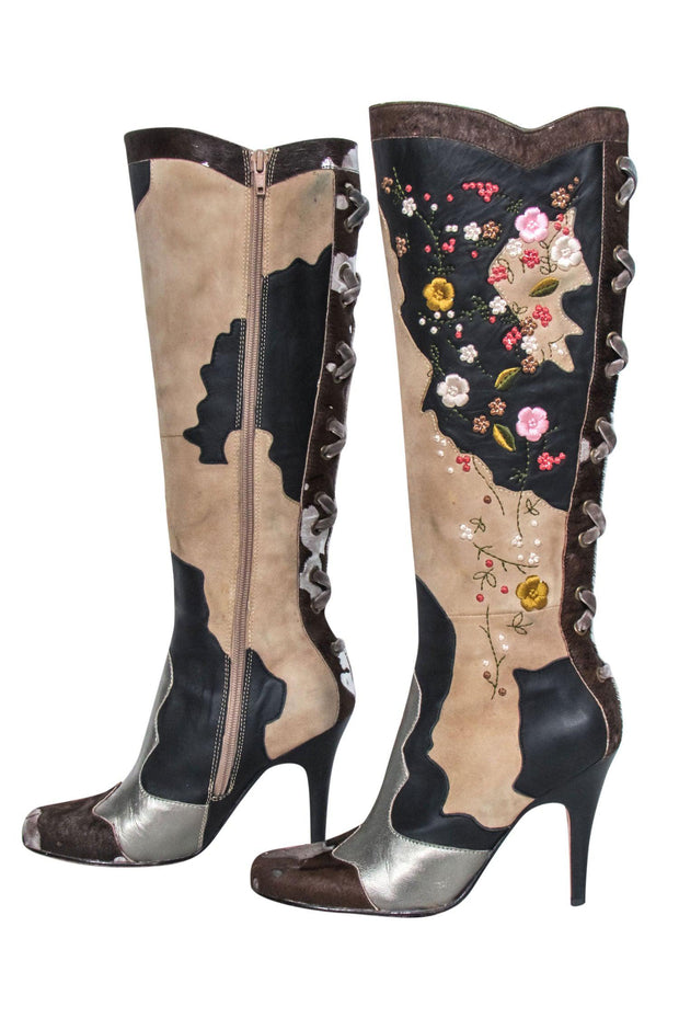Current Boutique-Sam Edelman - Brown & Beige Floral Embroidered Leather Tall Boots Sz 6