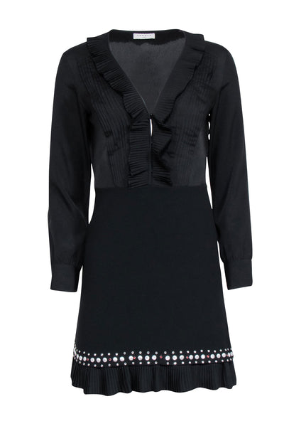 Current Boutique-Sandro - Black Long Sleeve Embellished Dress w/ Ruffles Sz S