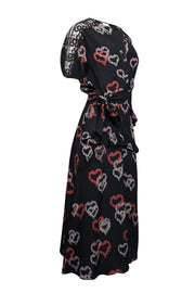 Current Boutique-Sandro - Black, Pink, & Red Heart Print Silk Dress w/ Lace Accents Sz 4